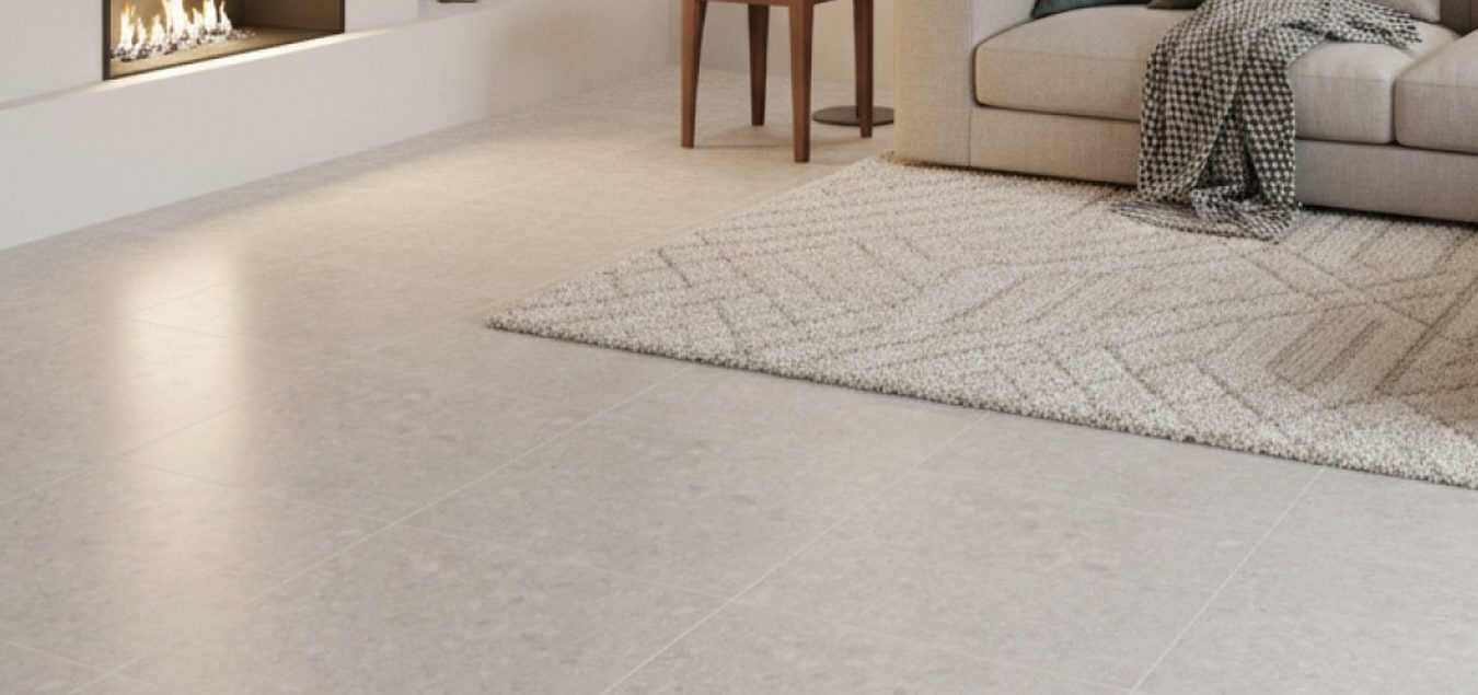 Sala com porcelanato claro efeito pedra em grande formato